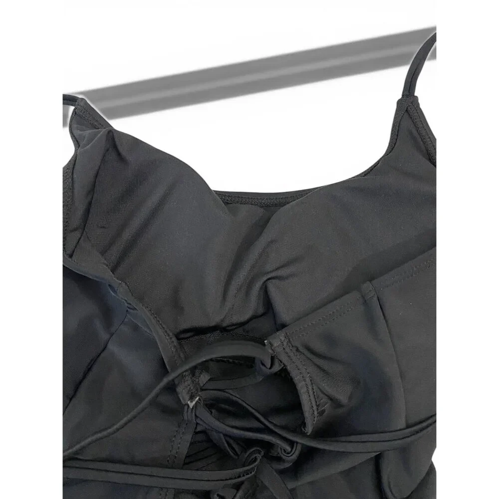 NWT SHEIN Black One Piece Swimsuit Lace Up Crossed Straps Girls Swimwear - Picture 6 of 8